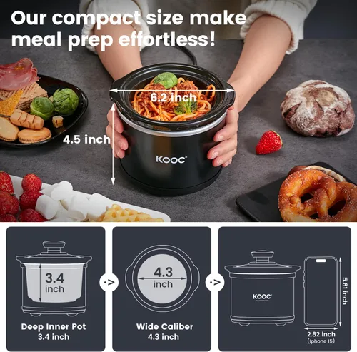 Vista 2 de KOOC Olla de cocción lenta pequeña, 0.60 L, incluye revestimientos gratuitos, olla de cerámica mejorada, reducción de pérdida de nutrientes