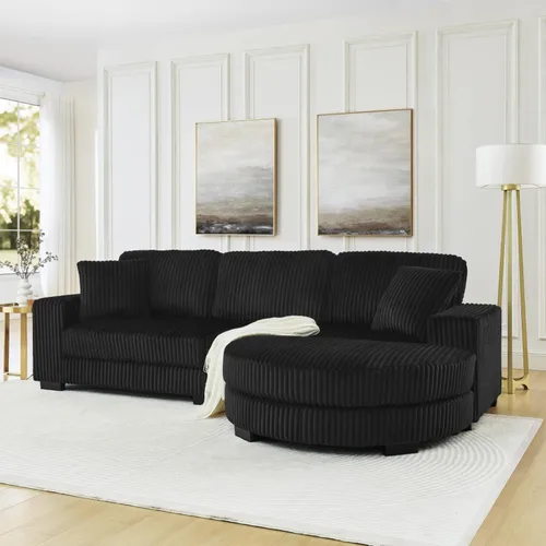 Vista 5 de Sofá cama modular en forma de L con almohadas, sofá modular convertible de pana con reposapiés curvado móvil, color negro