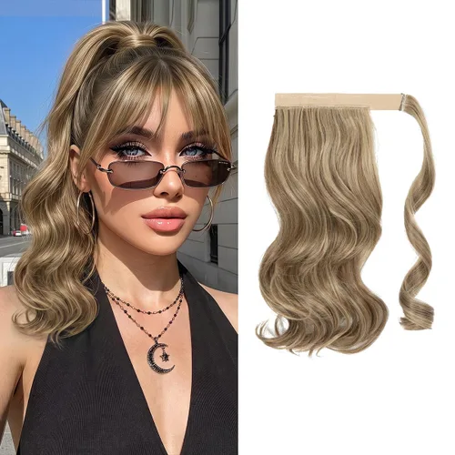 Vista 45 de CJL HAIR 14" Extensión de cola de caballo corta con cabello rizado y ondulado, clip en la cola de caballo, extensión de pelo sintético falso
