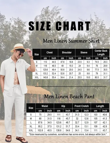 Vista 7 de COOFANDY Conjunto de 2 piezas de lino para hombre, conjunto de camisa y pantalón con botones para la playa