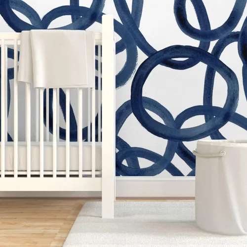 Vista 6 de Muestras de papel tapiz autoadhesivo – Círculos extra grandes, color azul marino y blanco, papel pintado extraíble personalizado por Spoonflower