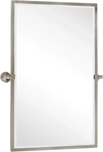 Vista 14 de Espejo rectangular de baño con marco de metal dorado cepillado, espejos de tocador biselados inclinables para pared, total 23.9 x 24 pulgadas
