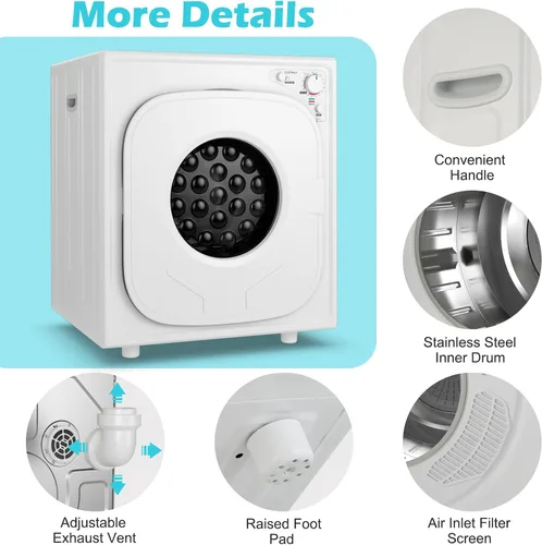 Vista 7 de Secadora portátil de acero inoxidable con panel táctil, 2 modos, 4 programas de secado y ventilación de escape ajustable, 13.2 libras, carga
