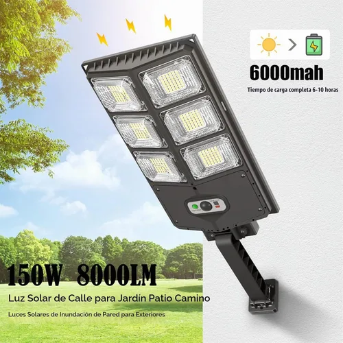Vista 4 de Luces solares de 150 W impermeables para exteriores, 8000 lúmenes, luces solares LED de inundación, sensor de movimiento al aire libre con control