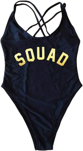 Vista 2 de Nuevas mujeres 90s 80s diciendo impresión Criss Cross Back Traje de baño de una pieza traje de baño de pierna alta traje de baño retro correas traje