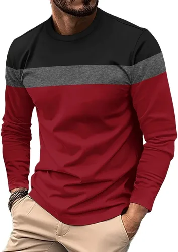 Vista 7 de Camiseta de manga larga para hombre, clásica, casual, cuello redondo, bloque de color, ajuste relajado