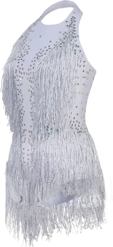 Vista 9 de Body blanco brillante con diamantes de imitación para mujer, traje de drag queen, trajes de baile con flecos