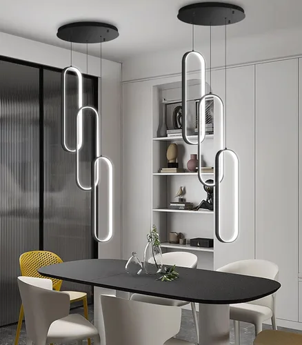 Vista 24 de Lámpara de Araña de Anillo Moderna LED Regulable Luz de Techo para Isla de Cocina Sala de Estar Escaleras Comedor Negro