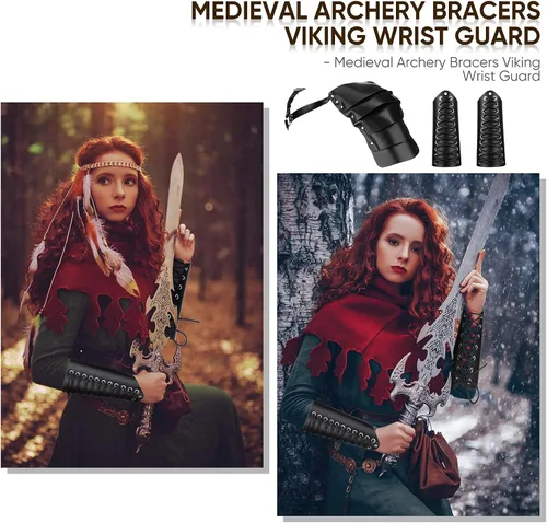 Vista 3 de Leather Shoulder Armor Cosplay Arm Bracers Gauntlet Wristband Medieval Wide Bracer Arm Armor Cuff for Halloween Cosplay Party