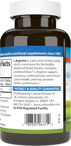 Vista 3 de Carlson L-Arginina, 1350 mg, Salud Circulatoria, 90 Cápsulas