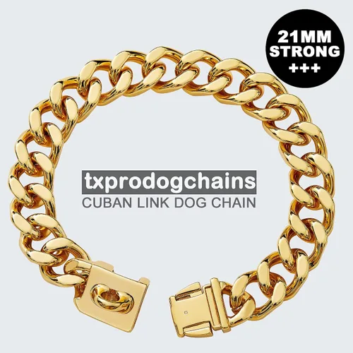 Vista 7 de txprodogchains Collar de cadena para perro grande con hebilla, resistente de 0.827 in de grosor, acero inoxidable, oro de 18 quilates, cadena