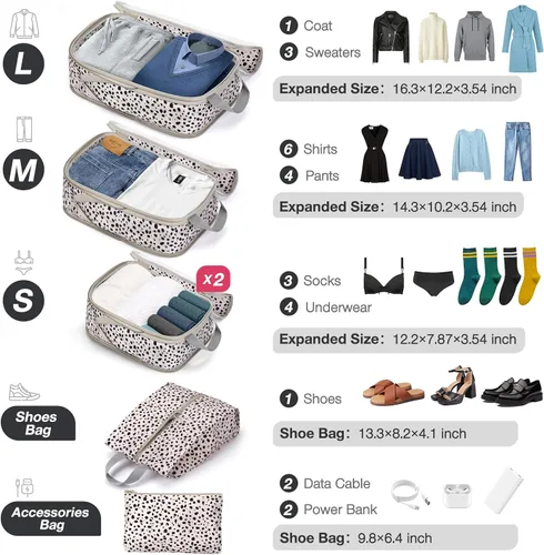 Vista 4 de Juego de 6 cubos de compresión para maletas, cubos de embalaje con bolsa de zapatos, bolsa grande de cosméticos, bolsa de ropa, bolsas
