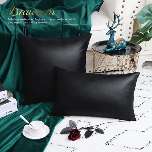Vista 4 de BRAWARM Fundas de almohada de cuero sintético de 16 x 16 pulgadas - Juego de 2 fundas de almohada de cuero negro, fundas de almohada de cuero teñido