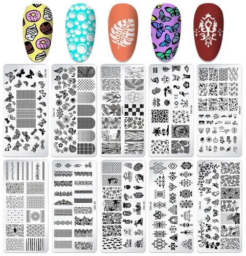 Vista 10 de Juego de sellos de uñas, 10 unidades, diseño geométrico, plantilla de placa de uñas, accesorios de arte de uñas, para bricolaje y salón de belleza