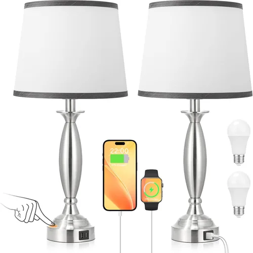 Vista 11 de Juego de 2 lámparas grises para dormitorio, lámpara de noche con control táctil con USB C+A, lámparas de mesita de noche regulables de 3 vías