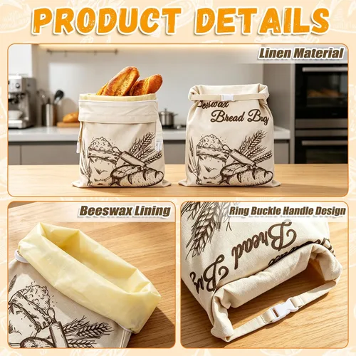 Vista 5 de Augshy Paquete de 2 bolsas de pan de cera de abeja para pan casero de 17 x 13 pulgadas, bolsas de pan reutilizables de masa madre con asa