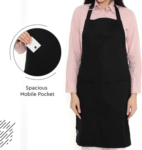 Vista 2 de Encasa XO Delantal de algodón ajustable con bolsillos y toallero de tamaño 27 x 33 pulgadas (negro completo) para hombres y mujeres, chefs