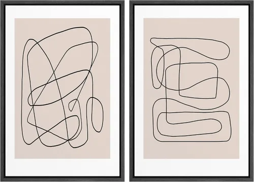 Vista 100 de SIGNWIN Lienzo enmarcado para pared, juego de arte de collage de ondas en espiral de mediados de siglo, formas abstractas, acogedor, neutro