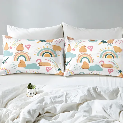Vista 7 de Erosebridal Capybara - Juego de funda de edredón para dormitorio, 2 piezas, diseño de arco iris, tamaño individual, para niñas, funda de edredón