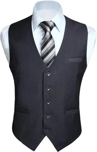 Vista 37 de HISDERN Vest 101 - Chaleco de traje ajustado para hombre con 3 bolsillos para negocios, formal, boda, baile de graduación y esmoquin casual a1-Negro