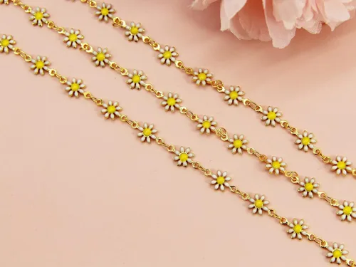 Vista 6 de Cadena de eslabones de girasol esmaltada hecha a mano con fornituras de latón chapado en oro para hacer joyas, máscara de vidrio, zapatos, Cc02
