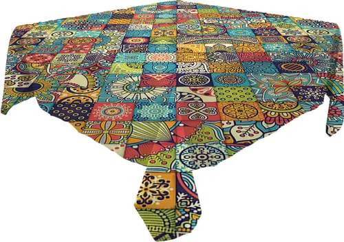Vista 2 de Mantel cuadrado bohemio, patrón geométrico floral ornamental, ideal para restaurantes, cocinas, bodas, fiestas, etc. Lavable a máquina, 36 x 36 Azul