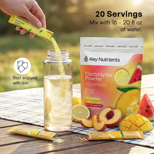 Vista 77 de KEY NUTRIENTS Electrolitos en polvo sin azúcar, limonada de maracuyá con 6 electrolitos y minerales, fibra prebiótica y polvos de hidratación