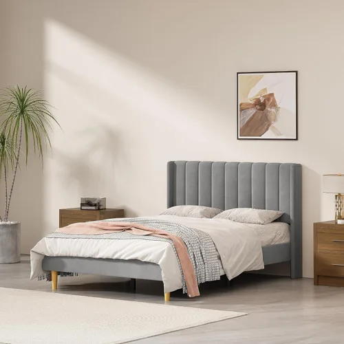 Vista 15 de Marco de cama tapizado de terciopelo individual con cabecera con respaldo de ala, color crema Cama de plataforma capitoné de canal vertical