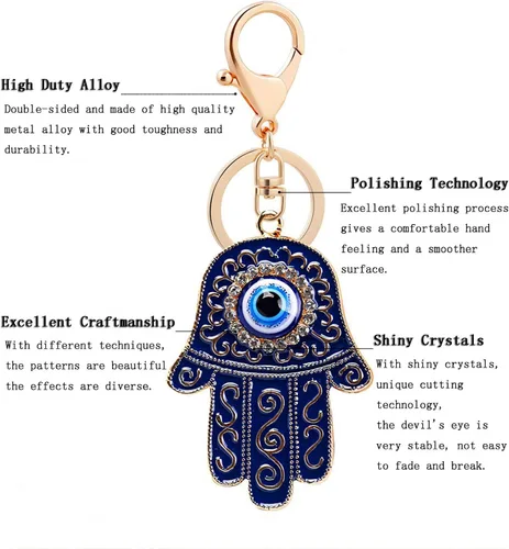 Vista 4 de Llavero de ojo malvado de Fátima Hamsa, diamantes de imitación de cristal de resina, amuleto de Nazar de la suerte, palma para mujeres y hombres