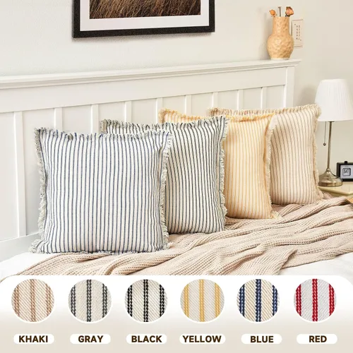 Vista 4 de Fundas de almohada ZWJD de 16 x 16 pulgadas, juego de 2 fundas de almohada a rayas con borlas, fundas de almohada de algodón chic, fundas de cojín