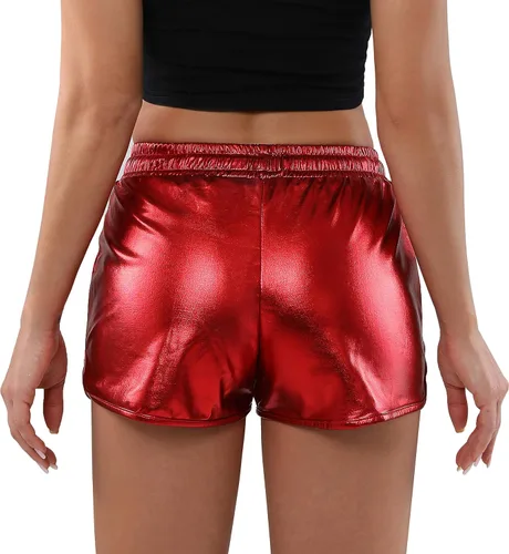 Vista 3 de POSHDIVAH Pantalones cortos metálicos para mujer con cordón elástico