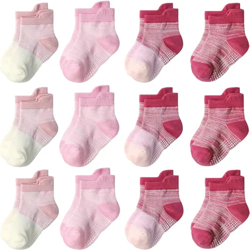 Vista 10 de Calcetines SkiBeaut para niños con agarre, 12 pares de calcetines antideslizantes para niños, calcetines de casa para bebés, niños y niñas de 0 a 7