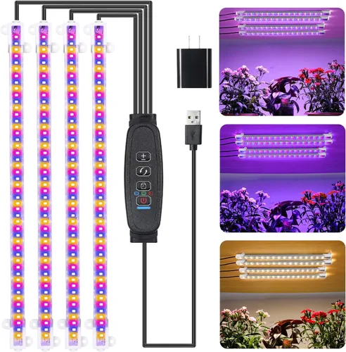 Vista 11 de RWNTAO Lámpara de cultivo de dos tiras para plantas de interior, tiras de luz LED de espectro completo rojo, azul y amarillo, con temporizador