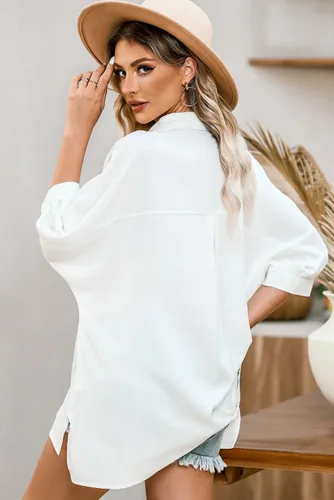 Vista 5 de Sidefeel Womens Summer Oversized 34 Sleeve Button Down Shirts Side Slit Dressy Casual Blouses Loose Fit Tunic Tops
