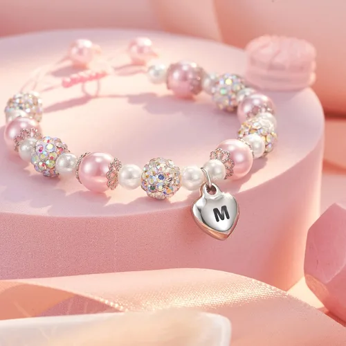 Vista 3 de ASKRAIN Pulsera de corazón para nieta Pulsera de perlas rosas y bolas de diamantes de imitación Longitud ajustable Adecuado para regalo de San