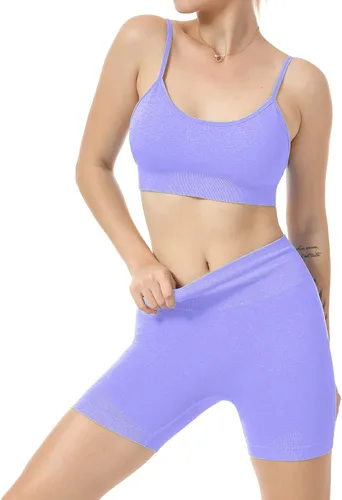 Vista 3 de JNINTH - Conjunto de yoga sin costuras para mujer, 2 piezas, brasier deportivo de entrenamiento, con pantalones cortos de cintura alta