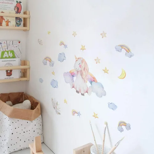 Vista 2 de Lindas calcomanías de pared de unicornio, decoración de pared de gran tamaño de 15.35 x 15.75 pulgadas para dormitorio de niñas, niños, sala