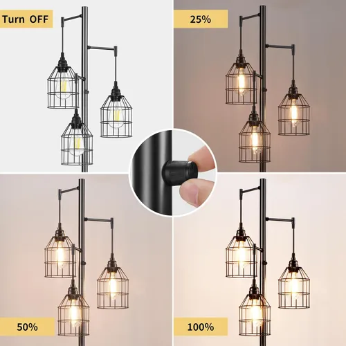 Vista 2 de Sucolite Lámpara de Pie Regulable de 70" para Sala de Estar, Lámpara de Pie Industrial de Árbol de 3 Luces Negra con Jaulas, Lámpara de Pie Alta