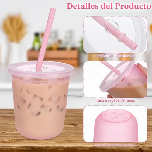 Vista 4 de Lounsweer 15 vasos transparentes reutilizables con tapas y pajitas, 12 Rosa