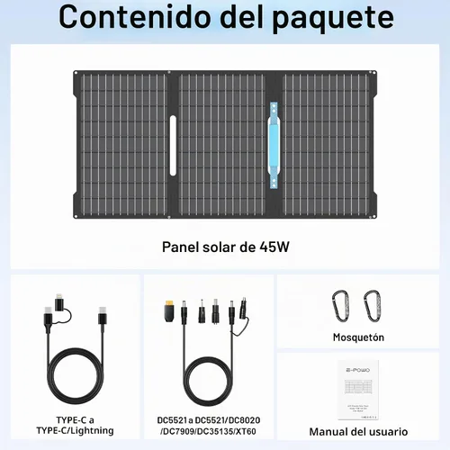 Vista 8 de Cargadores de paneles solares portátiles de 45 W con salidas USB-C, USB-A y CC, panel solar impermeable IP67 plegable para camping, emergencia
