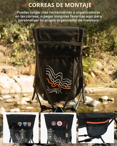 Vista 8 de Silla de camping portátil de respaldo alto con reposacabezas y pies Panel de línea de contorno negro