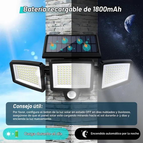 Vista 4 de Tuffenough - Luces solares para exteriores, 2500 lm, 210 luces LED de seguridad con control remoto, 3 cabezales de luces con sensor de movimiento