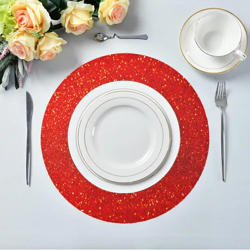 Vista 5 de Juego de 4 manteles individuales redondos de lentejuelas rojas con purpurina roja, juego de 4 manteles individuales de 15.4 pulgadas para cocina