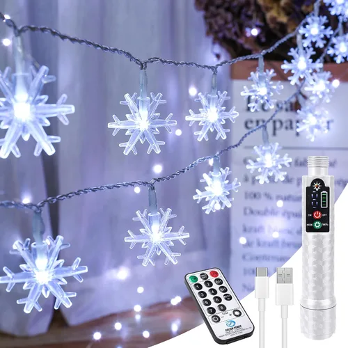 Vista 12 de BrizLabs Luces de copo de nieve, 40 luces LED de Navidad de 16.08 pies con control remoto, cadena de luces parpadeantes de copo de nieve funciona