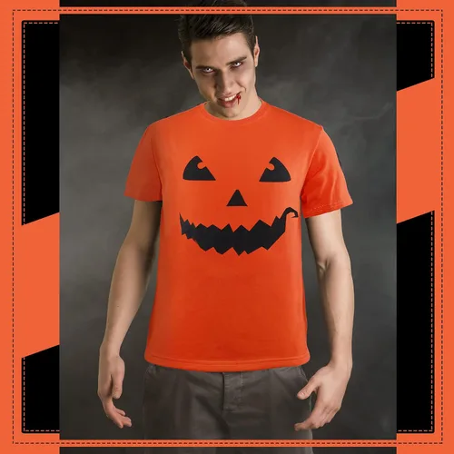 Vista 7 de Hicarer Camiseta de Halloween con cara de calabaza gigante, divertida camiseta unisex para fiesta de Halloween, disfraz para hombres y mujeres