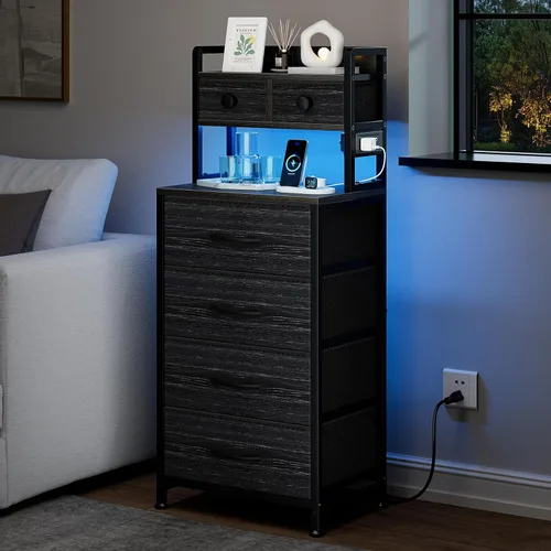 Vista 5 de REAHOME Mesita de noche de 41 pulgadas de alto con estación de carga, mesita de noche LED con 6 cajones de tela, mesa auxiliar de cama con estantes