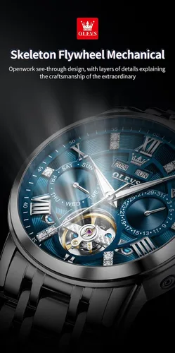 Vista 40 de OLEVS Relojes automáticos para hombre, oro de lujo, vestido de diamantes de cuerda automática, esqueleto mecánico, Tourbillon, reloj de pulsera
