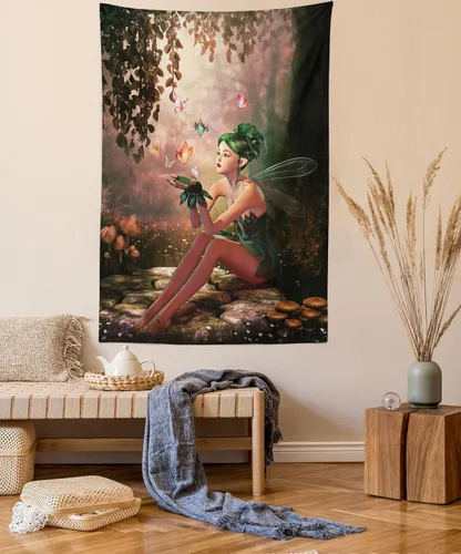 Vista 70 de Ambesonne Tapiz bohemio, diseño floral de bruja, luna y mariposa con adornos de mandala, decoración de tela para colgar en la pared para dormitorio