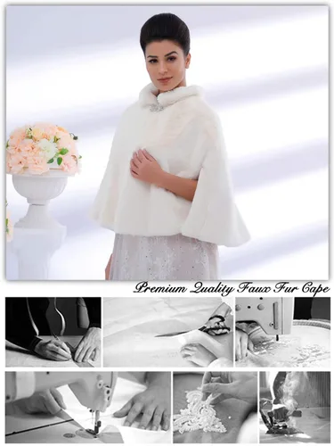 Vista 6 de Aukmla Capa de piel sintética de novia para boda con estola de piel de novia y chales de invierno para mujeres y niñas