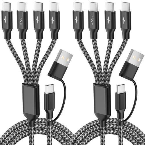Vista 10 de Cable de carga múltiple, doble tipo C, cable de carga múltiple de nailon trenzado 4 en 1, cable de carga multi USB con puertos IP/tipo C/micro USB